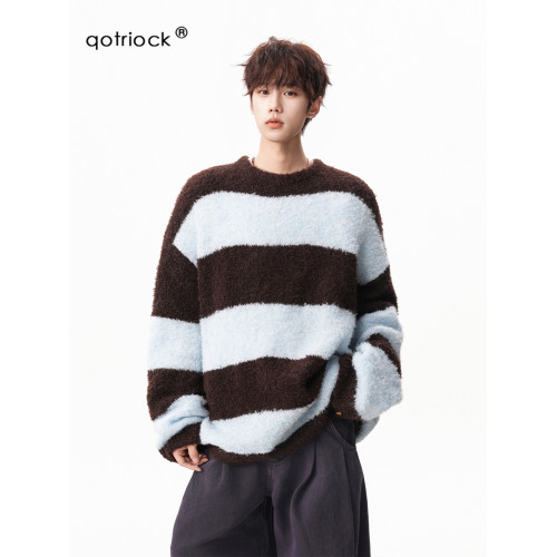 氛圍感條紋撞色圓領毛衣男秋冬慵懶感寬松休閒大碼情侶針織衫上衣