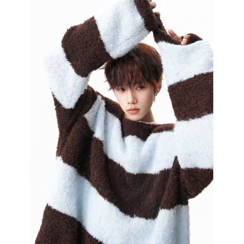 氛圍感條紋撞色圓領毛衣男秋冬慵懶感寬松休閒大碼情侶針織衫上衣