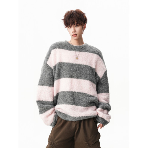 氛圍感條紋撞色圓領毛衣男秋冬慵懶感寬松休閒大碼情侶針織衫上衣