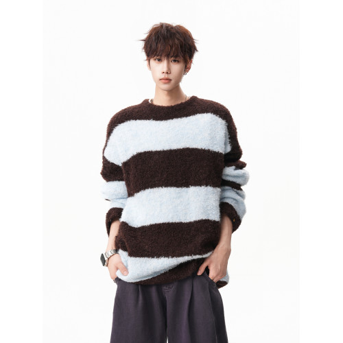 氛圍感條紋撞色圓領毛衣男秋冬慵懶感寬松休閒大碼情侶針織衫上衣