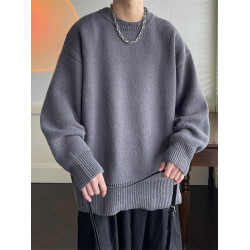 ins潮牌純色毛衣男冬季百搭寬松圓領打底針織衫日系復古情侶線衣