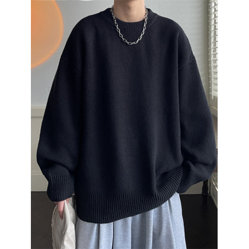 ins潮牌純色毛衣男冬季百搭寬松圓領打底針織衫日系復古情侶線衣