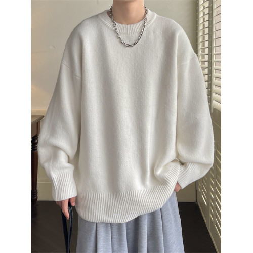 ins潮牌純色毛衣男冬季百搭寬松圓領打底針織衫日系復古情侶線衣