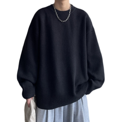 ins潮牌純色毛衣男冬季百搭寬松圓領打底針織衫日系復古情侶線衣