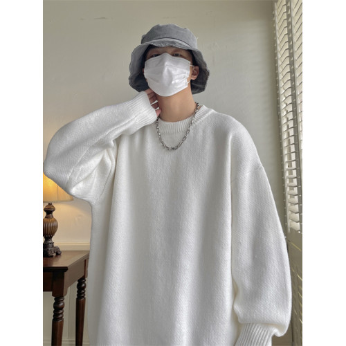 ins潮牌純色毛衣男冬季百搭寬松圓領打底針織衫日系復古情侶線衣