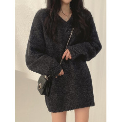 V領正肩針織衫毛衣女款秋冬大碼胖mm顯瘦中長款遮屁股打底衫上衣