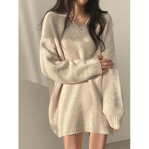 V領正肩針織衫毛衣女款秋冬大碼胖mm顯瘦中長款遮屁股打底衫上衣