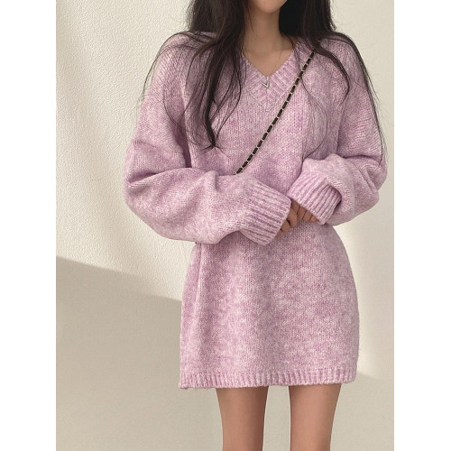 V領正肩針織衫毛衣女款秋冬大碼胖mm顯瘦中長款遮屁股打底衫上衣