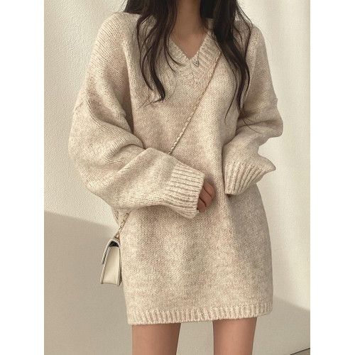 V領正肩針織衫毛衣女款秋冬大碼胖mm顯瘦中長款遮屁股打底衫上衣