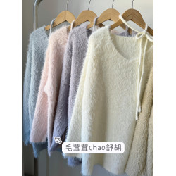 韓國秋冬女新款水貂絨V領毛衣溫柔風綁帶寬鬆長袖針織衫下擺開叉