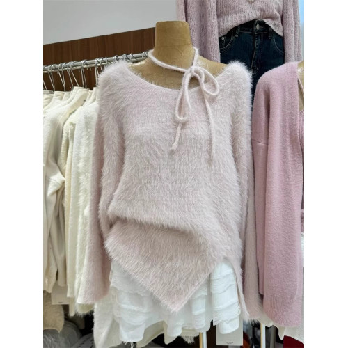 韓國秋冬女新款水貂絨V領毛衣溫柔風綁帶寬鬆長袖針織衫下擺開叉