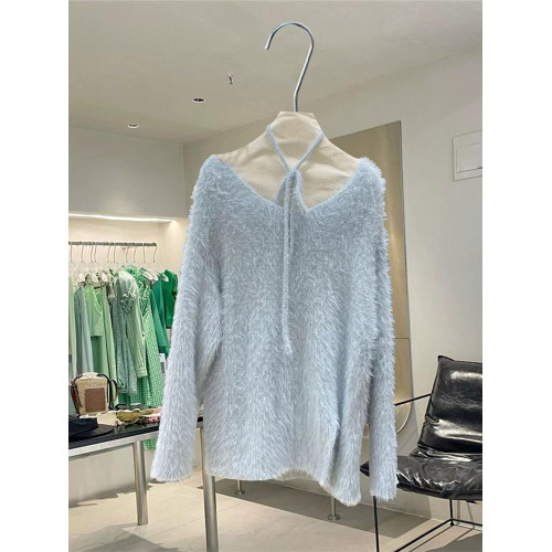 韓國秋冬女新款水貂絨V領毛衣溫柔風綁帶寬鬆長袖針織衫下擺開叉