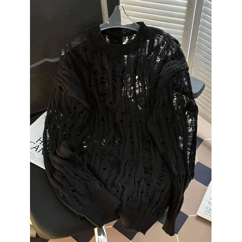 小衆設計感鏤空套頭毛衣男款潮流ins寬松休閒破洞針織罩衫上衣