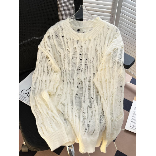 小衆設計感鏤空套頭毛衣男款潮流ins寬松休閒破洞針織罩衫上衣