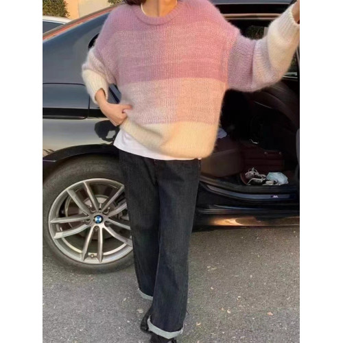 慵嬾拼色針織衫毛衣女寬鬆2023年秋冬新款加厚圓領套頭打底衫上衣