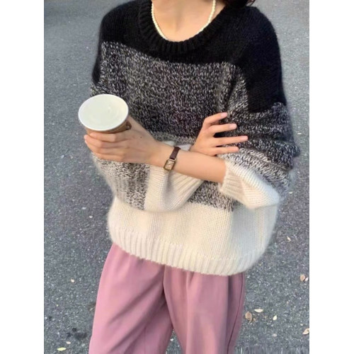 慵嬾拼色針織衫毛衣女寬鬆2023年秋冬新款加厚圓領套頭打底衫上衣