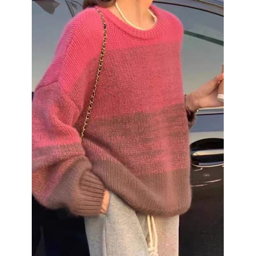 慵嬾拼色針織衫毛衣女寬鬆2023年秋冬新款加厚圓領套頭打底衫上衣