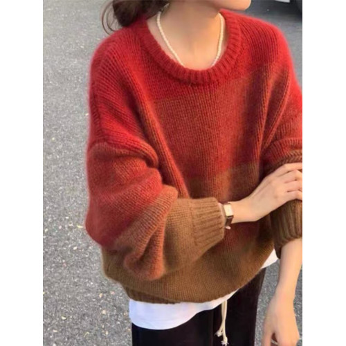 慵嬾拼色針織衫毛衣女寬鬆2023年秋冬新款加厚圓領套頭打底衫上衣