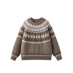 悟空有貨復古潮牌費爾島提花圓領毛衣男女秋季情侶寬松休閒針織衫