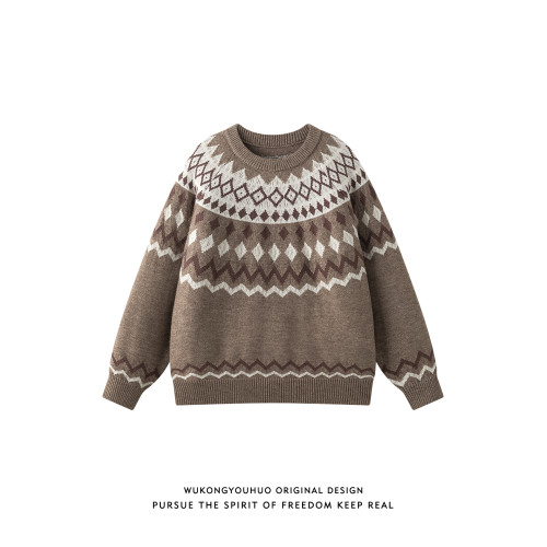 悟空有貨復古潮牌費爾島提花圓領毛衣男女秋季情侶寬松休閒針織衫