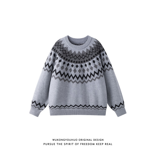 悟空有貨復古潮牌費爾島提花圓領毛衣男女秋季情侶寬松休閒針織衫