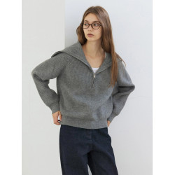 灰色復古法式海軍領套頭毛衣女秋冬寬鬆慵嬾繙領半拉鍊針織衫上衣