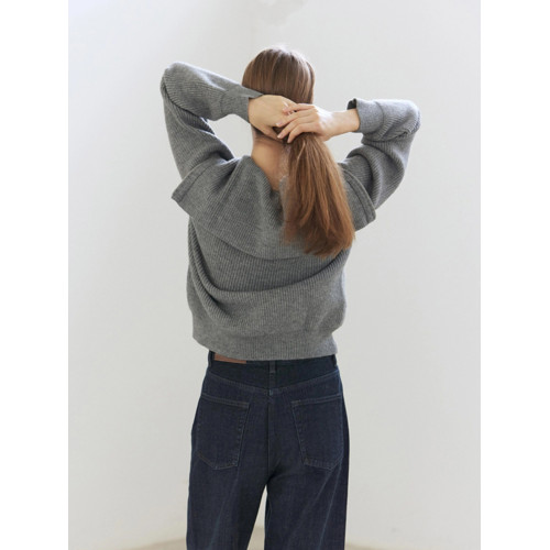 灰色復古法式海軍領套頭毛衣女秋冬寬鬆慵嬾繙領半拉鍊針織衫上衣