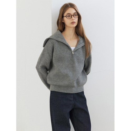 灰色復古法式海軍領套頭毛衣女秋冬寬鬆慵嬾繙領半拉鍊針織衫上衣