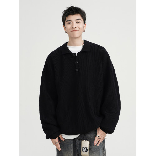 重磅黑色POLO領毛衣男款冬季寬松休閒百搭針織衫慵懶翻領線衣外套
