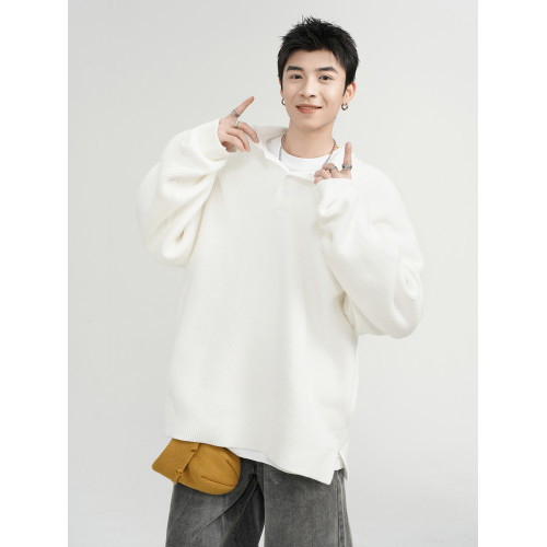 重磅黑色POLO領毛衣男款冬季寬松休閒百搭針織衫慵懶翻領線衣外套