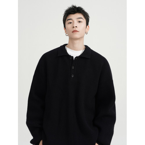 重磅黑色POLO領毛衣男款冬季寬松休閒百搭針織衫慵懶翻領線衣外套