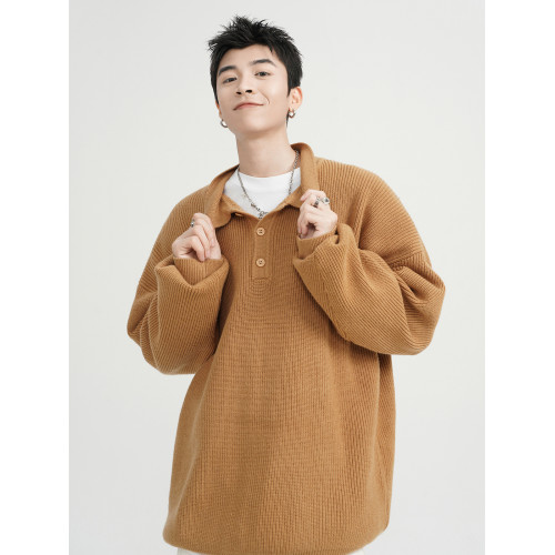 重磅黑色POLO領毛衣男款冬季寬松休閒百搭針織衫慵懶翻領線衣外套