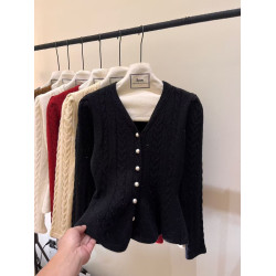 法式v領麻花針織毛衣外套女秋冬新款荷葉邊下擺收腰修身開衫上衣