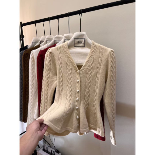 法式v領麻花針織毛衣外套女秋冬新款荷葉邊下擺收腰修身開衫上衣