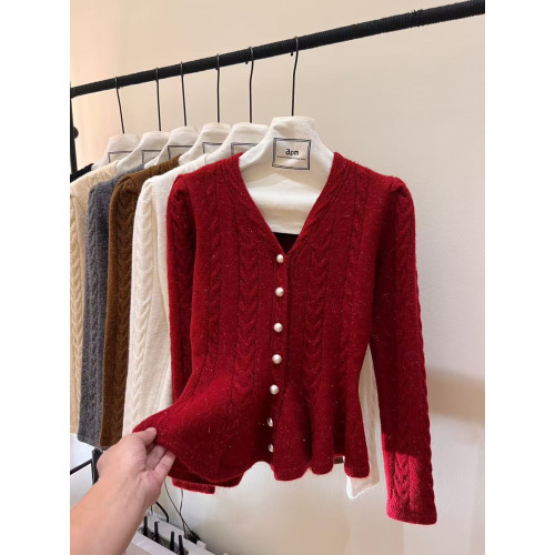 法式v領麻花針織毛衣外套女秋冬新款荷葉邊下擺收腰修身開衫上衣