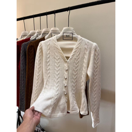 法式v領麻花針織毛衣外套女秋冬新款荷葉邊下擺收腰修身開衫上衣