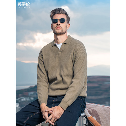 【含綿羊毛】英爵倫保暖毛衣男士秋冬新款海鷗領休閒針織衫上衣
