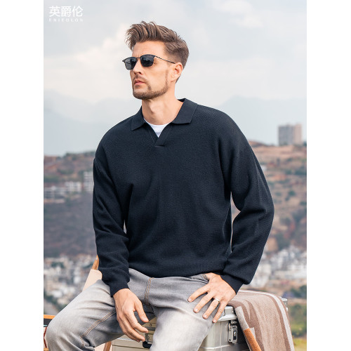 【含綿羊毛】英爵倫保暖毛衣男士秋冬新款海鷗領休閒針織衫上衣