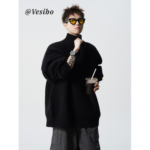 美式重磅半高領拉鍊針織衫男冬季潮牌純色慵懶風毛衣寬松休閒上衣