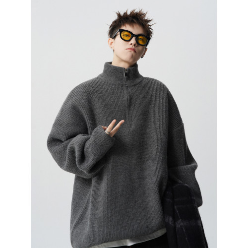 美式重磅半高領拉鍊針織衫男冬季潮牌純色慵懶風毛衣寬松休閒上衣