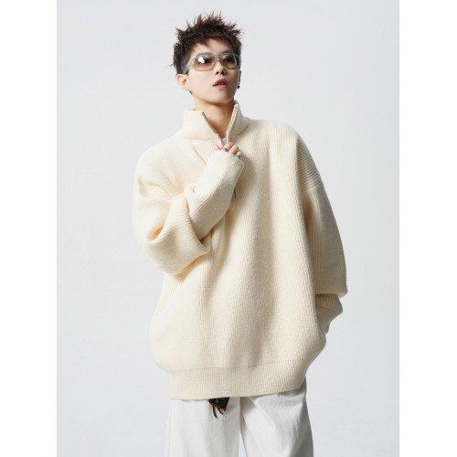 美式重磅半高領拉鍊針織衫男冬季潮牌純色慵懶風毛衣寬松休閒上衣