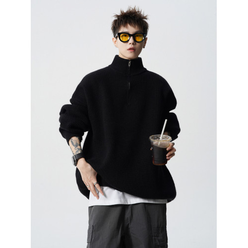 美式重磅半高領拉鍊針織衫男冬季潮牌純色慵懶風毛衣寬松休閒上衣