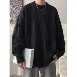 黑色立體圖案圓領毛衣男秋冬季新款慵懶風加厚針織內搭男生打底衫