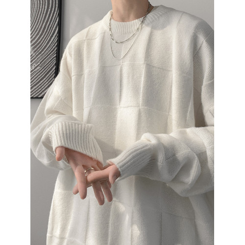 黑色立體圖案圓領毛衣男秋冬季新款慵懶風加厚針織內搭男生打底衫