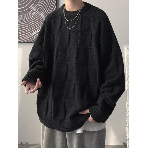 黑色立體圖案圓領毛衣男秋冬季新款慵懶風加厚針織內搭男生打底衫