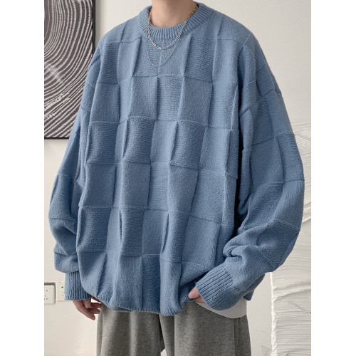 黑色立體圖案圓領毛衣男秋冬季新款慵懶風加厚針織內搭男生打底衫