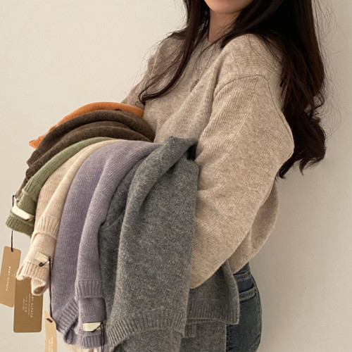 韓國chic秋冬基礎百搭純色軟糯圓領套頭毛衣長袖羊絨混紡針織衫女