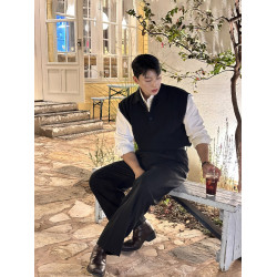 翻領針織衫背心男士春秋韓版美拉德穿搭無袖毛衣輕熟風polo領馬甲