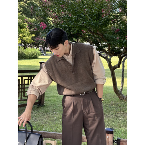 翻領針織衫背心男士春秋韓版美拉德穿搭無袖毛衣輕熟風polo領馬甲