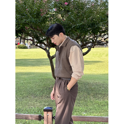 翻領針織衫背心男士春秋韓版美拉德穿搭無袖毛衣輕熟風polo領馬甲